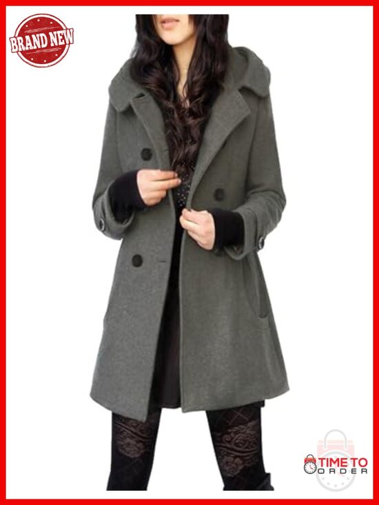 Jackets & Blazers - Warm Double Breasted Wool Pea Coat Trench with Hood